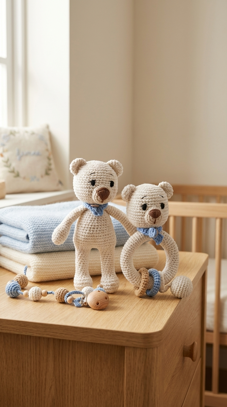 Beyaz Amigurumi Ayıcık ve Diş Kaşıyıcı Seti