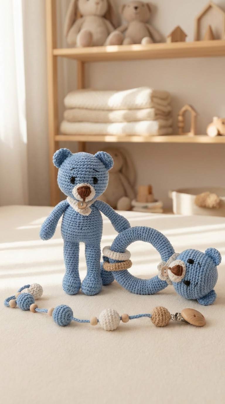 Mavi Amigurumi Ayıcık ve Ahşap Diş Kaşıyıcı